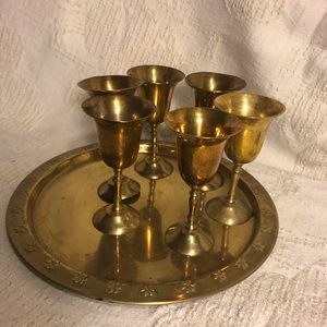 Brass liquor glasses with brass tray